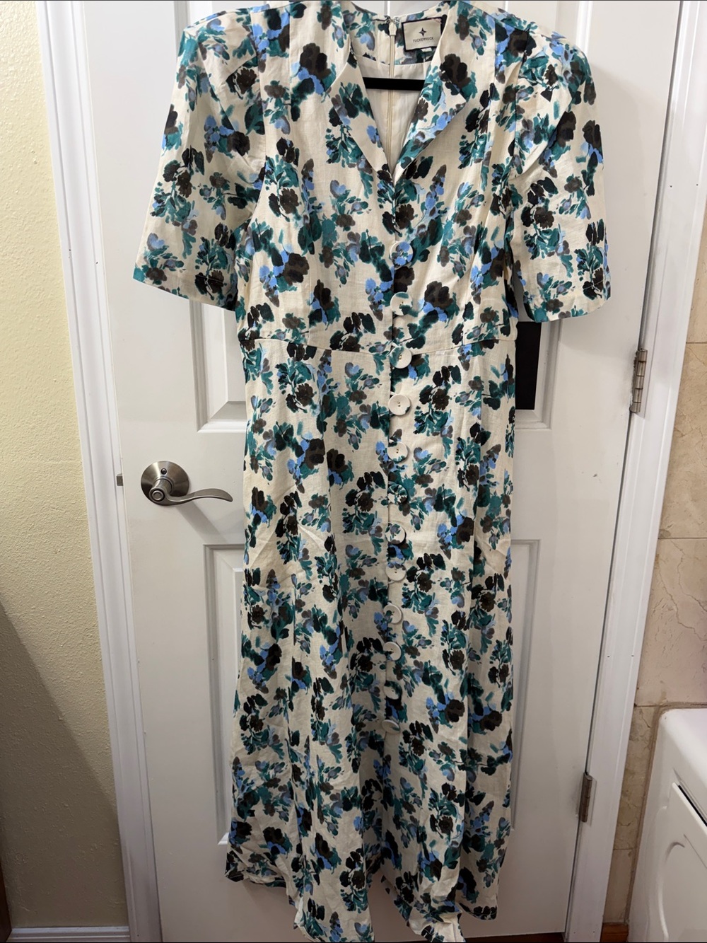 Tuckernuck Cream Midi Dress with Teal and Black Floral Print